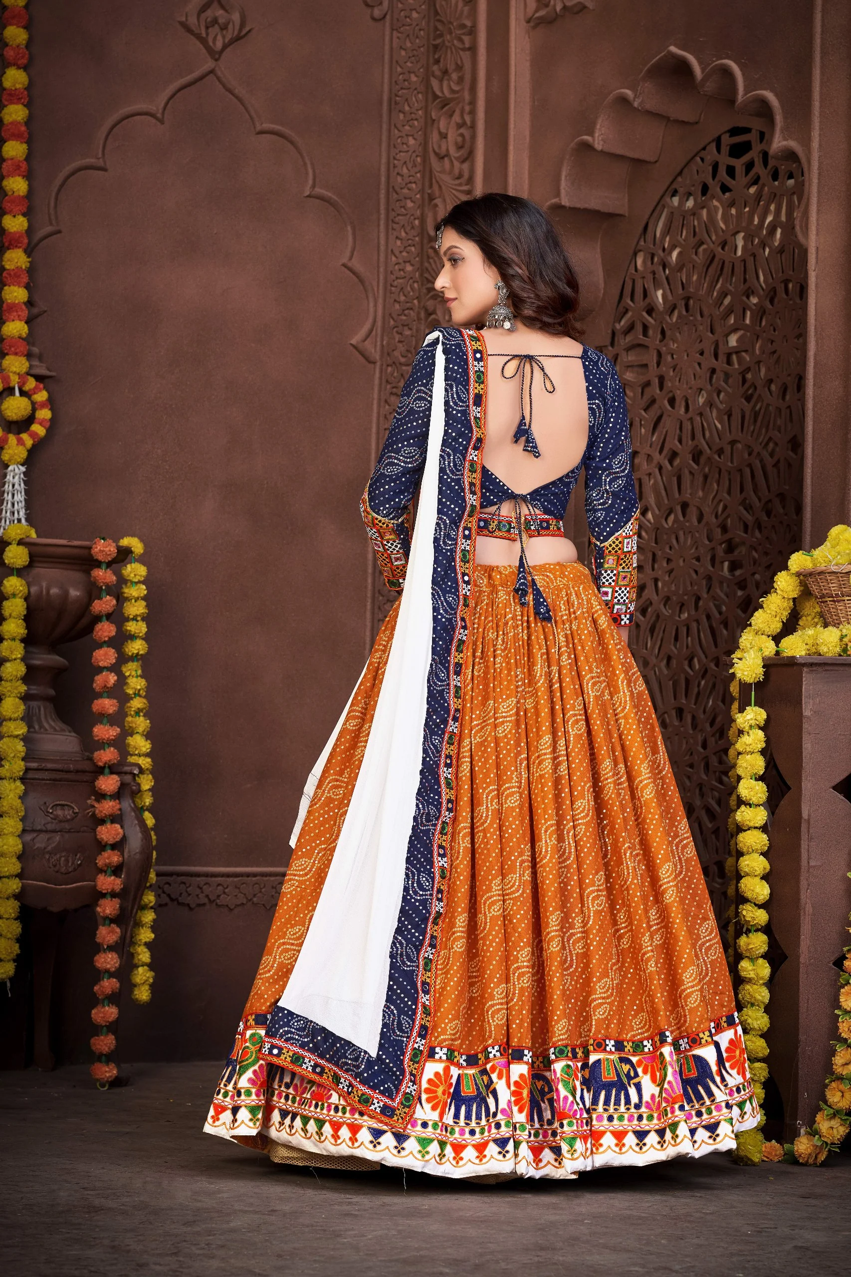 Navratri Special Blue & Mustard Bandhani Chaniya Choli with Embroidered Dupatta - Image 2