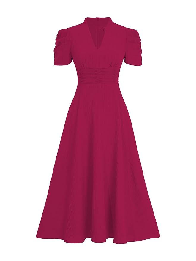 Women's Solid Color V-Neck A-Line Maxi Dress for Women | New Year Party Outfit | Waist Cinched Puff Sleeve Western | Elegant Casual Wear (Dress 246) - Image 13