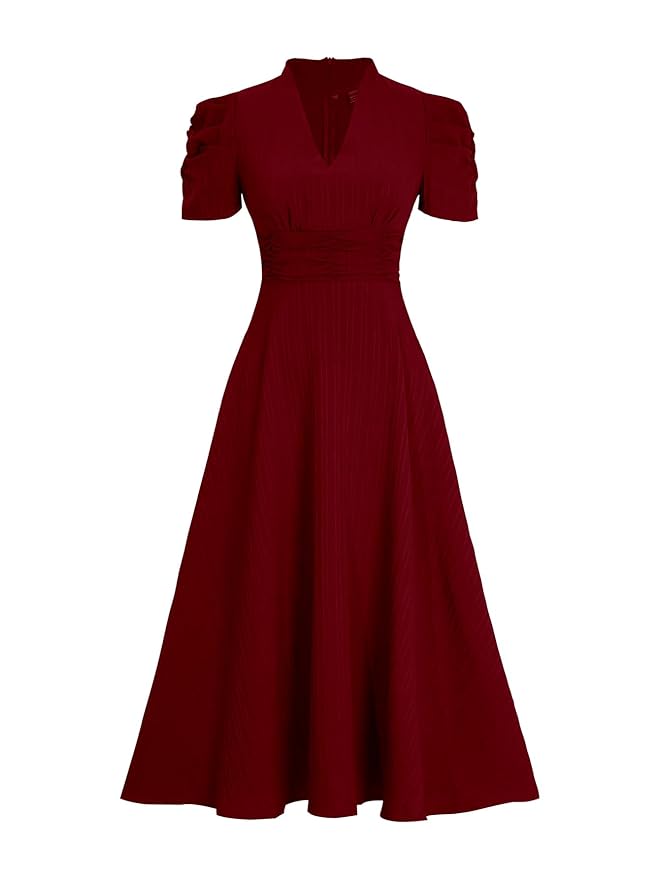 Women's Solid Color V-Neck A-Line Maxi Dress for Women | New Year Party Outfit | Waist Cinched Puff Sleeve Western | Elegant Casual Wear (Dress 246) - Image 17