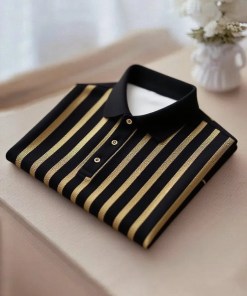 Men's Business Casual Gold and Black Stripe Button Short Sleeve  Shirt