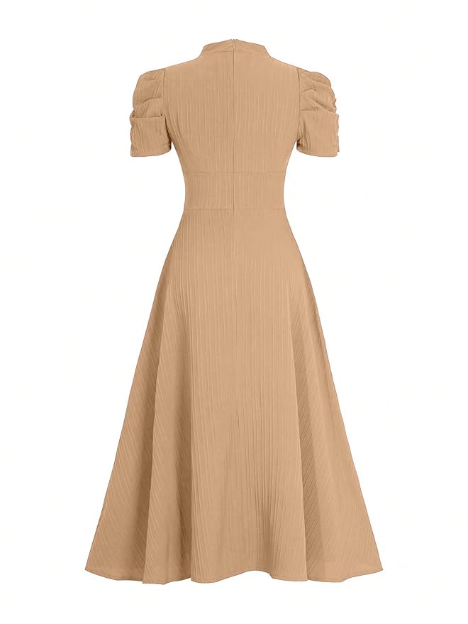 Women's Solid Color V-Neck A-Line Maxi Dress for Women | New Year Party Outfit | Waist Cinched Puff Sleeve Western | Elegant Casual Wear (Dress 246) - Image 21