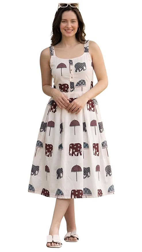 Women's Cotton Printed Midi Dress | Sleeveless Square Neck Casual Summer Dress for Women | Stylish Vacation Dress