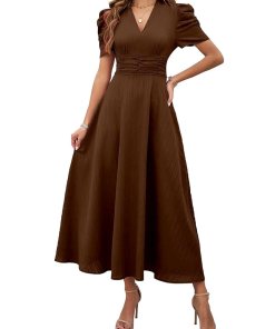 Women's Solid Color V-Neck A-Line Maxi Dress for Women | New Year Party Outfit | Waist Cinched Puff Sleeve Western | Elegant Casual Wear (Dress 246)