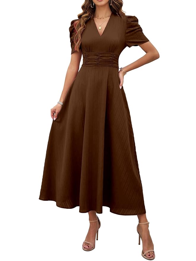 Women's Solid Color V-Neck A-Line Maxi Dress for Women | New Year Party Outfit | Waist Cinched Puff Sleeve Western | Elegant Casual Wear (Dress 246)