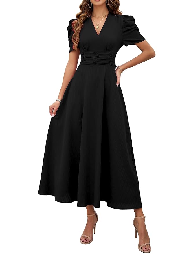 Women's Solid Color V-Neck A-Line Maxi Dress for Women | New Year Party Outfit | Waist Cinched Puff Sleeve Western | Elegant Casual Wear (Dress 246) - Image 6