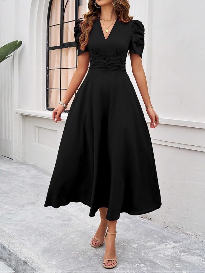 Women's Solid Color V-Neck A-Line Maxi Dress for Women | New Year Party Outfit | Waist Cinched Puff Sleeve Western | Elegant Casual Wear (Dress 246) - Image 8