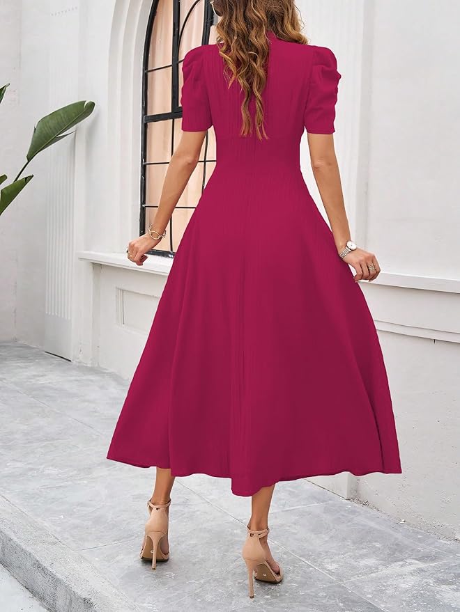 Women's Solid Color V-Neck A-Line Maxi Dress for Women | New Year Party Outfit | Waist Cinched Puff Sleeve Western | Elegant Casual Wear (Dress 246) - Image 11