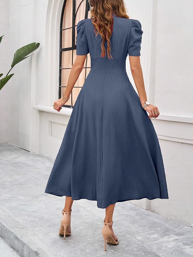 Women's Solid Color V-Neck A-Line Maxi Dress for Women | New Year Party Outfit | Waist Cinched Puff Sleeve Western | Elegant Casual Wear (Dress 246) - Image 23