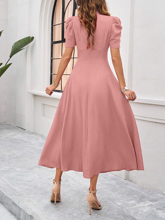 Women's Solid Color V-Neck A-Line Maxi Dress for Women | New Year Party Outfit | Waist Cinched Puff Sleeve Western | Elegant Casual Wear (Dress 246) - Image 26