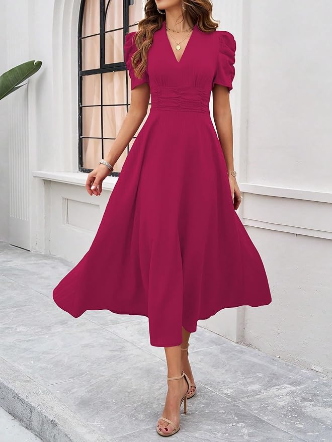 Women's Solid Color V-Neck A-Line Maxi Dress for Women | New Year Party Outfit | Waist Cinched Puff Sleeve Western | Elegant Casual Wear (Dress 246) - Image 12
