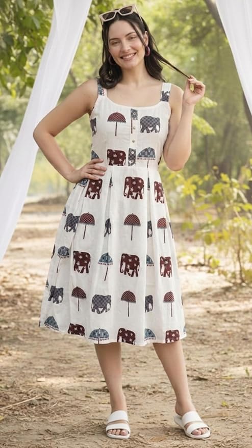 Women's Cotton Printed Midi Dress | Sleeveless Square Neck Casual Summer Dress for Women | Stylish Vacation Dress - Image 4