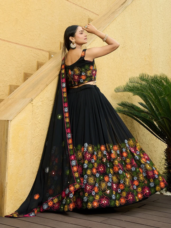 Premium Black Floral Embroidered Georgette Lehenga Choli with Designer Dupatta - Image 3
