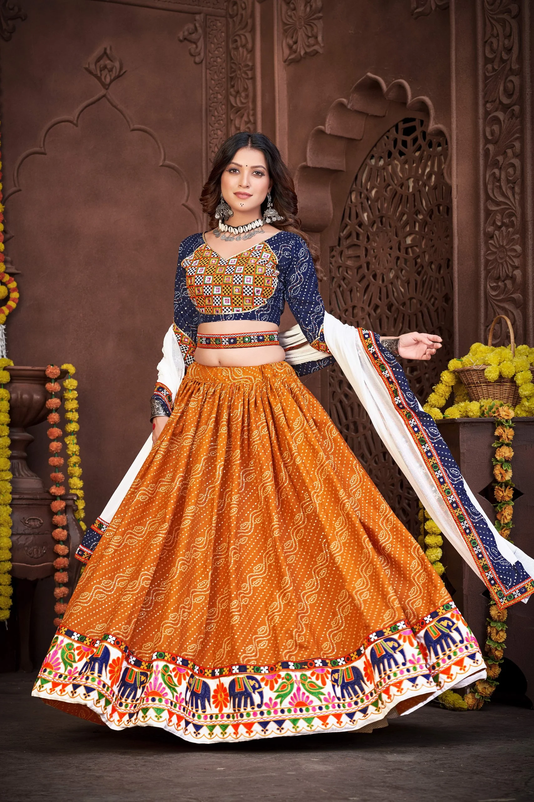Navratri Special Blue & Mustard Bandhani Chaniya Choli with Embroidered Dupatta - Image 6