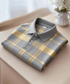 Men's Business Casual Black and Yellow Plaid Button Short Sleeve Shirt