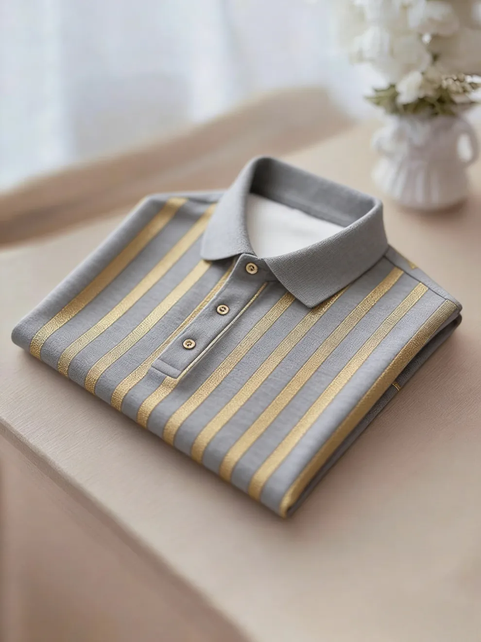 Men's Business Casual Gold and Black Stripe Button Short Sleeve Shirt - Image 4