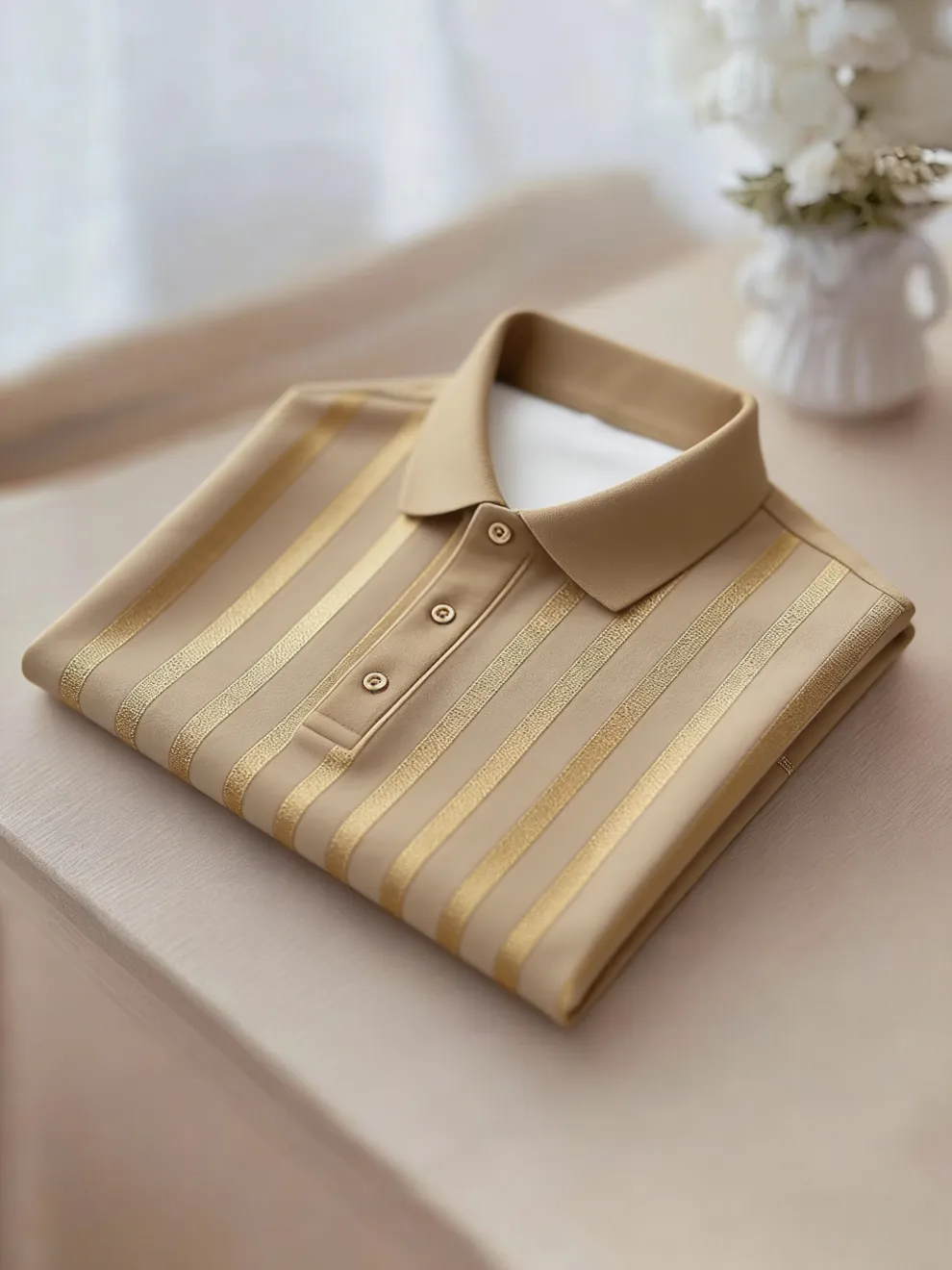 Men's Business Casual Gold and Black Stripe Button Short Sleeve Shirt - Image 5