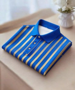 Men's Business Casual Gold and Black Stripe Button Short Sleeve Shirt