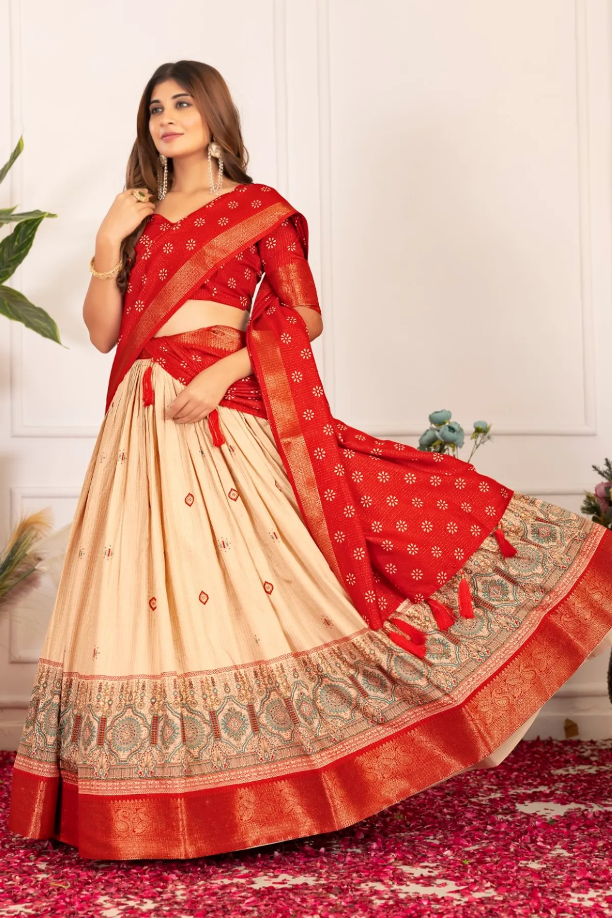Red Tasar Silk Printed Flared Lehenga Choli For Women