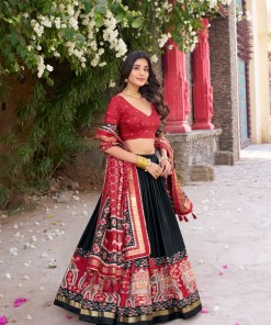 Black Tasar Silk Printed Flared Lehenga Choli For Women