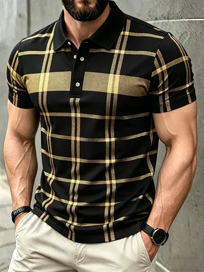 Men's Business Casual Black and Yellow Plaid Button Short Sleeve Shirt - Image 3