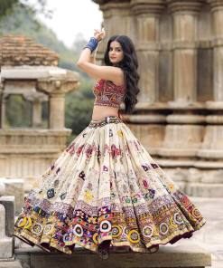 Off-White Color Digital Printed Mirror Work Navratri Lehenga Choli