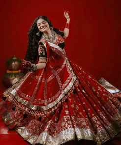 Red Traditioanl Printed Mirror Work Navratri Lehenga Choli